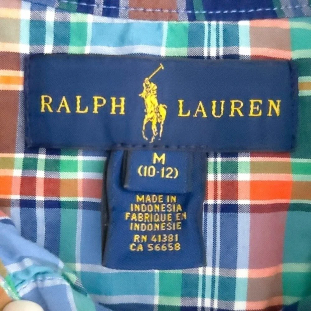 Ralph Lauren Blue Green Orange Plaid Short Sleeve Button Down Shirt- Child Boy M